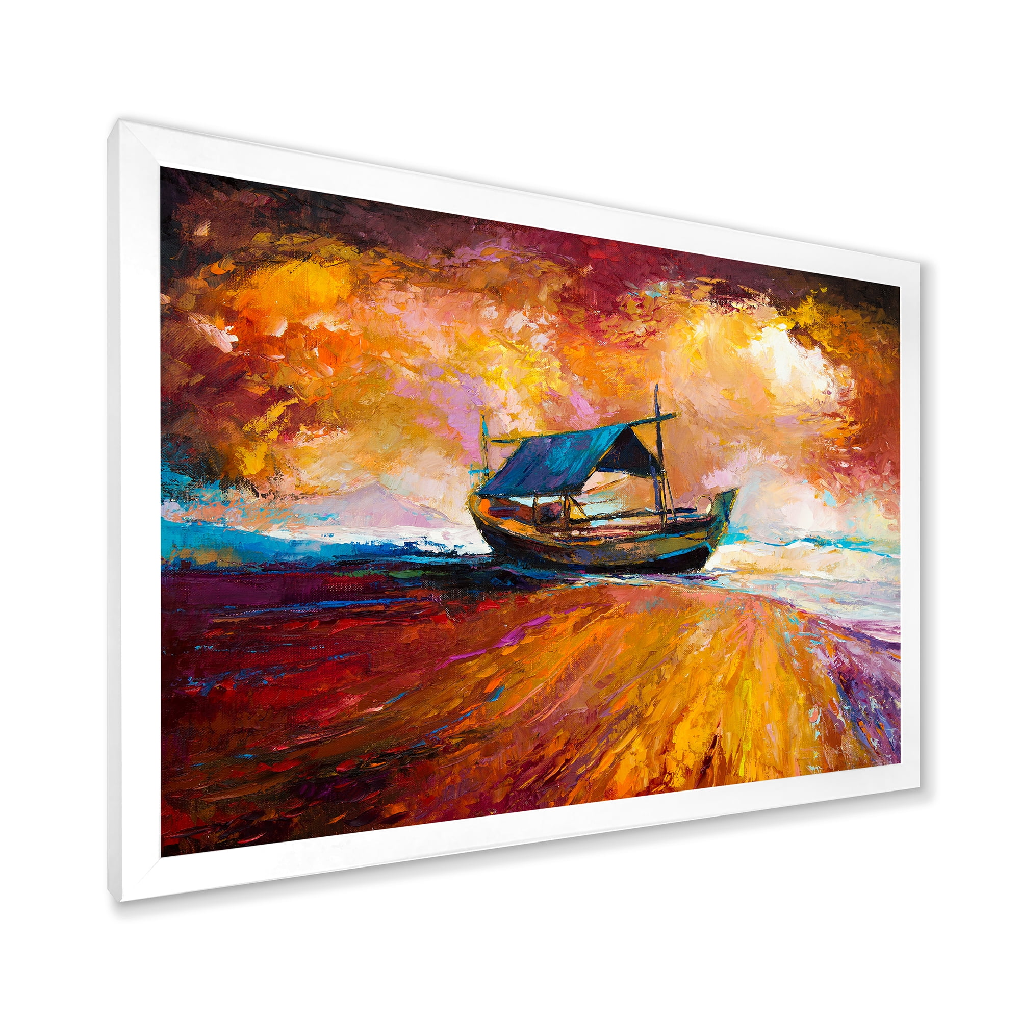 Traditional Fisher boat During Ocean Evening Glow 40 in x 30 in Framed Painting Canvas Art Print, by Designart