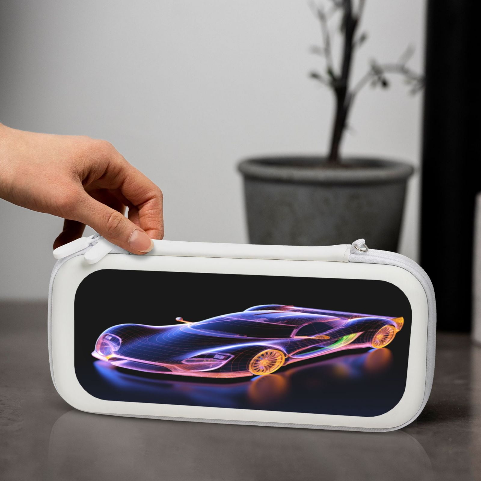 Race Car Hologram (3), Carrying Case For Nintendo Switch & OLED Version, Eva Lightweight Shockproof Protective Pouch Case for Game Console & Accessories with 10 Game Card Slot & Wristband, White
