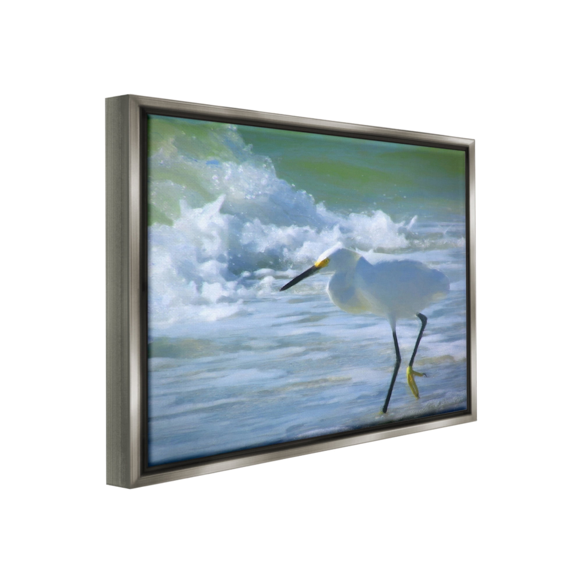 Stupell Industries Egret in Splashing Waves Landscape Painting Gray Floater Framed Canvas Art Print Wall Art, 21 x 17