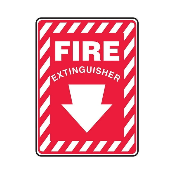 Accuform Signs 14" x 10" Plastic Fire Safety Sign "FIRE EXTINGUISHER (ARROW)" White On Red MFXG908VP