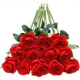thumbnail image 1 of Ramo de 12 rosas rojas de seda realistas, flores artificiales de tallo largo único for fiestas, centros de mesa de boda, decoración del hogar, oficina y arreglos navideños de bricolaje, 1 of 5