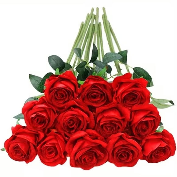 12 Realistic Silk Red Rose Bouquet - Single Long Stem Artificial Flowers for Parties, Wedding Centerpieces, Home Decor, Office and Christmas DIY Arrangements