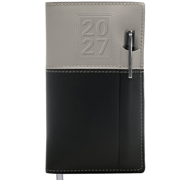 Excello 2027 14-Month Weekly & Monthly Pocket Planner with Pen, 3.5" x 6", Compact Agenda Calendar, 16 Notes Pages, Reference Calendars, Grey/Black