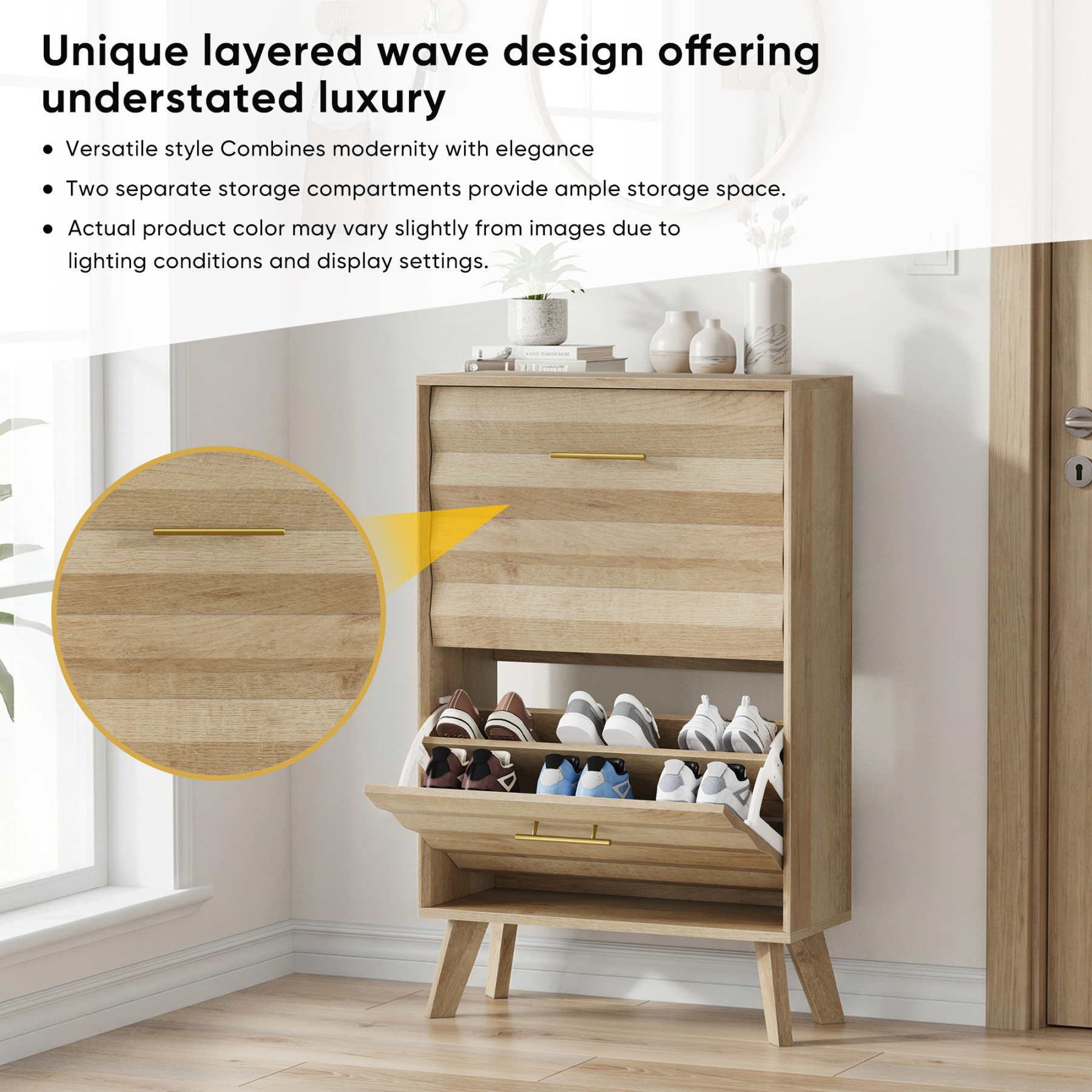 Leumius Shoe Cabinet with 2 Flip Drawers,Mid-century Modern Freestanding Shoe Storage Cabinet,Hidden Shoe Organizer for Entryway Hallway,Oak