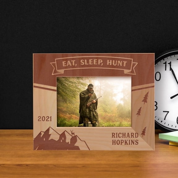 Eat Sleep Hunt Personalized Wooden Frame-5" x 3 1/2" Brown Horizontal