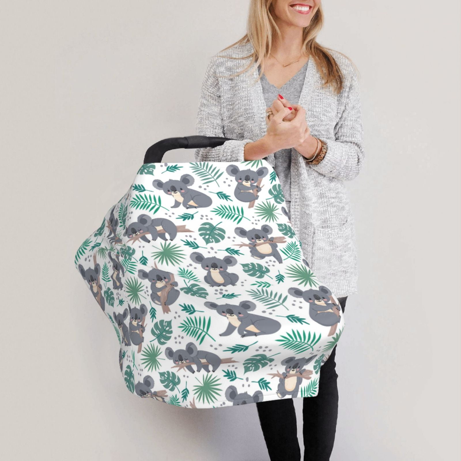 Fotbe Bears and Tropical Leaves Pattern Car Seat Covers for Babies, Nursing Breastfeeding Cover Infant Carseat Canopy, Soft Stretchy Carrier Cover