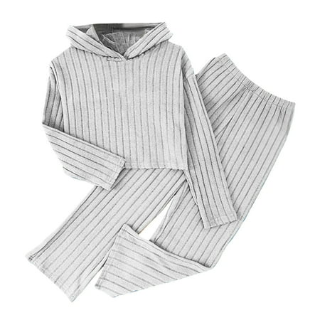 

SnnmBlm Girls 2 Pieces Outfits Ribbed Knit Hoodies Flare Pants Sweatshirts and Sweatpants Kids Tracksuits 4-14 Years Gray 140