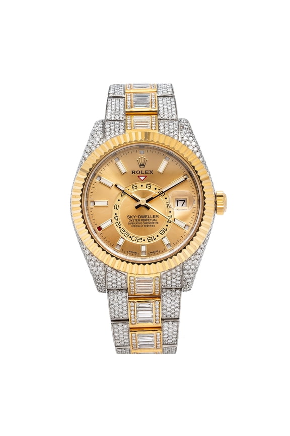 Pre-Owned Rolex Sky-Dweller 42MM 326933 Champagne Dial Fluted Bezel Two Tone Yellow Gold Full Diamond Oyster Bracelet 25.87ct