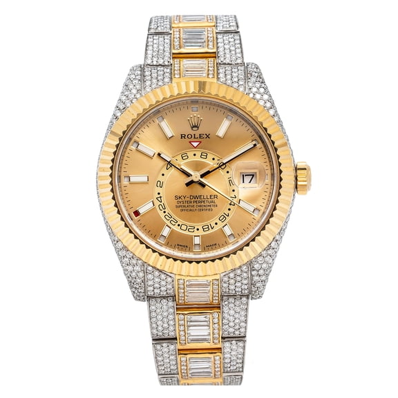 Pre-Owned Rolex Sky-Dweller 42MM 326933 Champagne Dial Fluted Bezel Two Tone Yellow Gold Full Diamond Oyster Bracelet 25.87ct