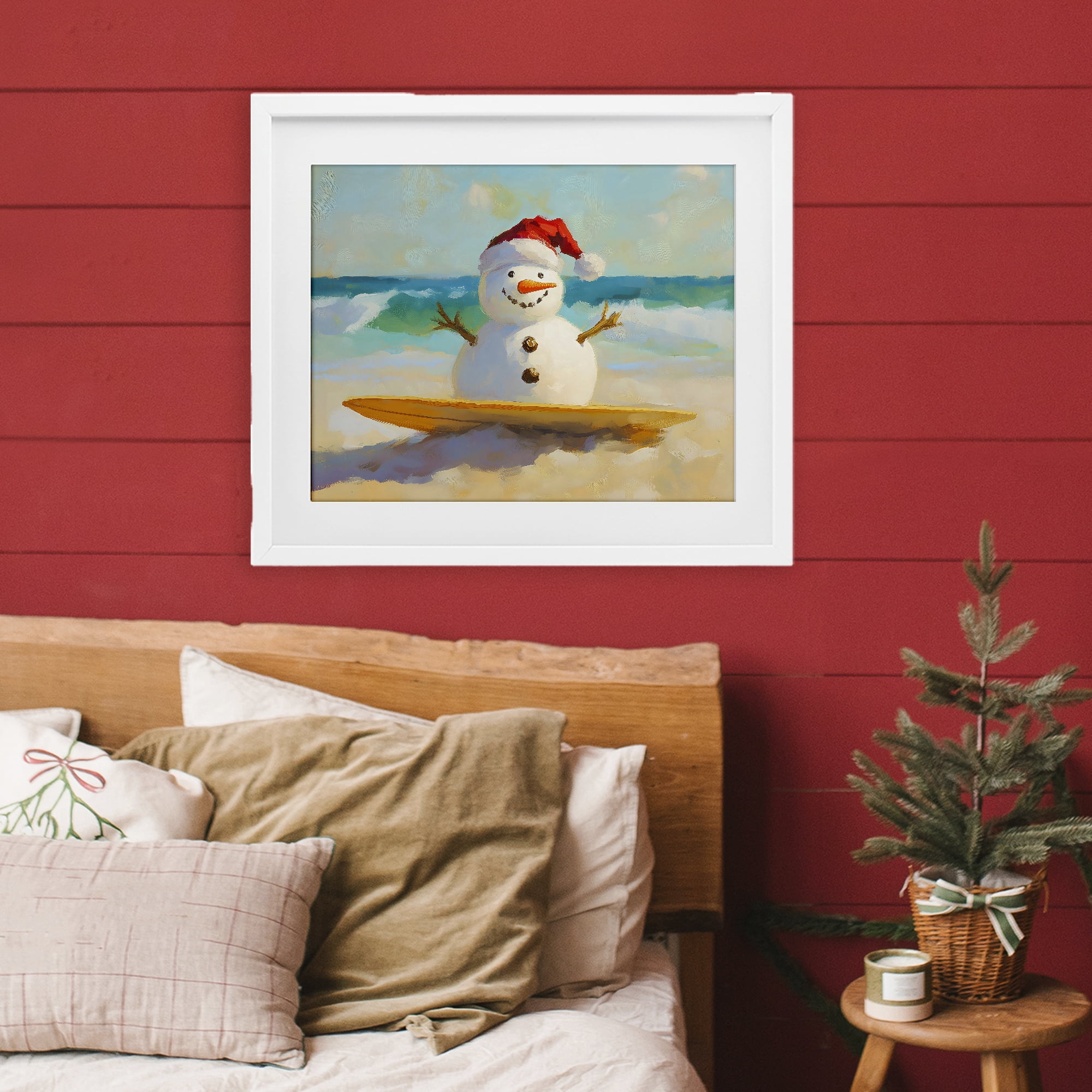 Stupell Industries Surfer Snowman on Beach White Framed Print Under Glass, design by The Prints Vibe