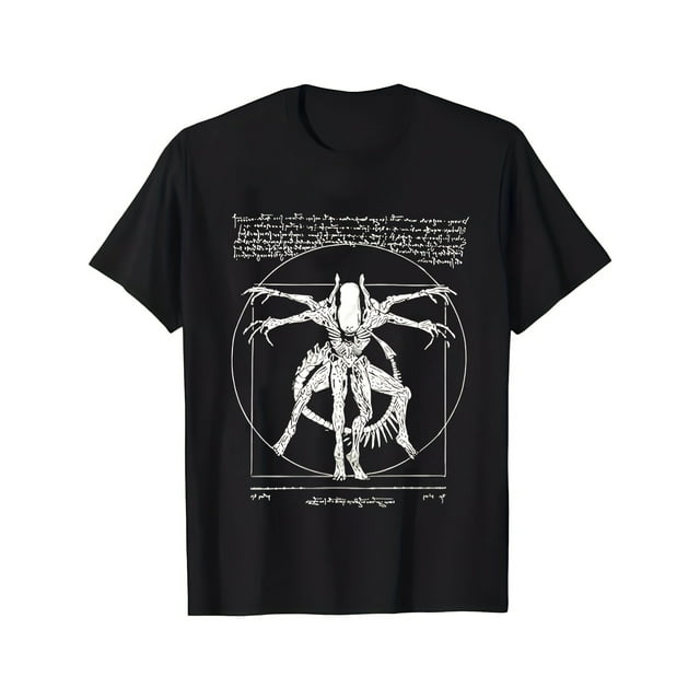 Men'S Casual Crew Neck T-Shirt with Futuristic Alien & Symbols Graphic, Knitted Medium Stretch Fabric, Regular Fit - Black Short Sleeve Tee with Geometric Patterns