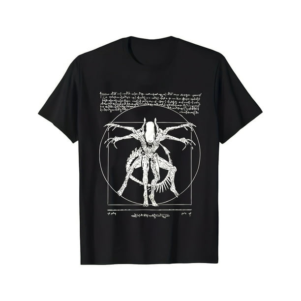 Camiseta informal de cuello redondo para hombre con gráfico de extraterrestres y símbolos futuristas, tejido de punto de elasticidad media, corte regular - Camiseta negra de manga corta con estampados