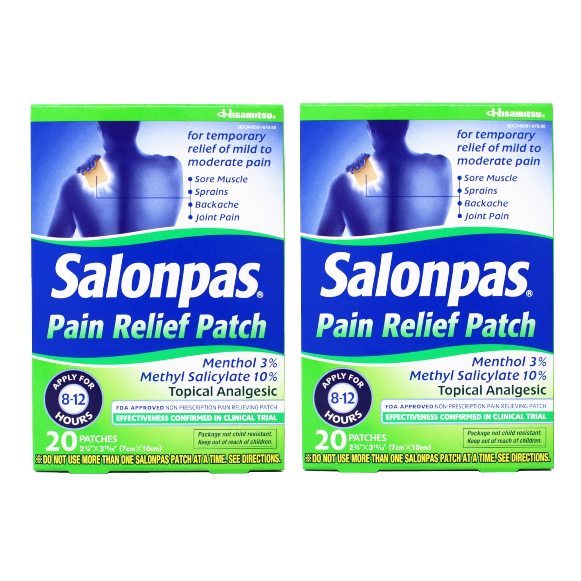 Salonpas Pain Relieving Menthol and Methyl Salicylate Patch, 20 Count, for Back, Neck, Shoulder, Knee Pain and Muscle Soreness, 12 Hour Pain Relief - 2 Pack
