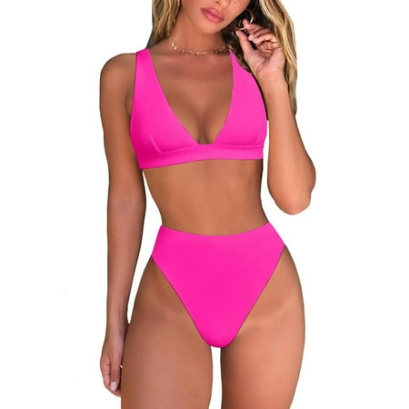 Rovga Swimsuit For Women 2024Ladies High Waisted Thong Bikini Sets Sexy Brazilian Triangle Top Deep V Neck Two Piece Swimsuit Bathing Suits Hot Pink Xl