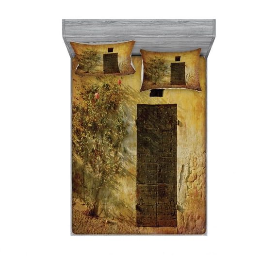Rustic Bedding Set with Sheet & Covers, Historical Italian Door of Stone House Mediterranean Picturesque Heritage, Printed Bedroom Decor 2 Shams, 4 Sizes, Amber Brown, by Ambesonne