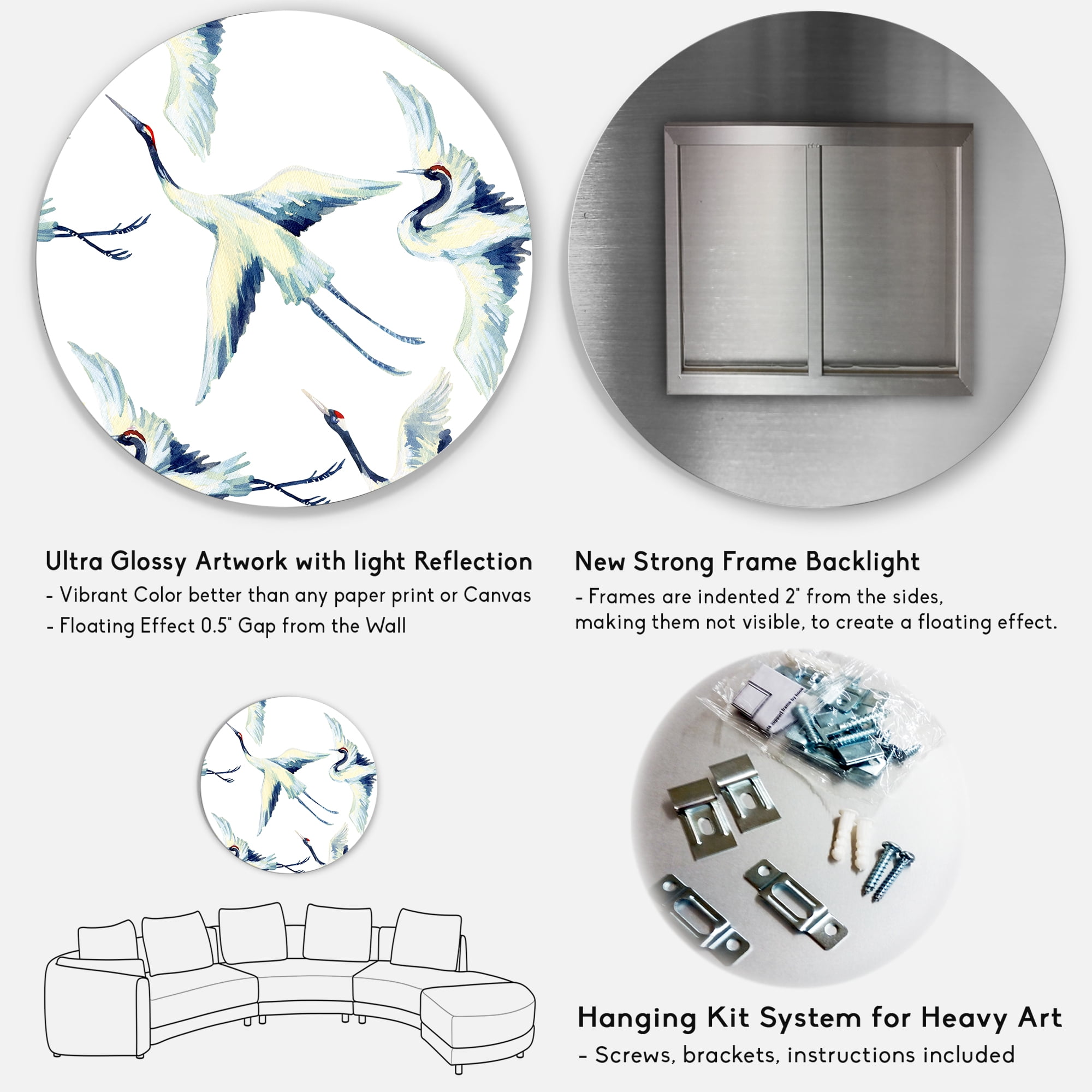 Designart 'Asian Crane Bird Impression I' Traditional Circle Metal Wall Art 36x36 - Disc of 36