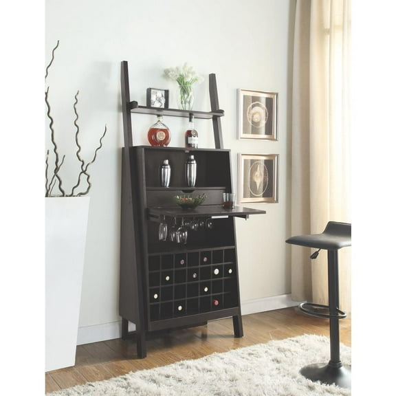 28-Bottle Cappuccino Ladder Shelf Bar Cabinet