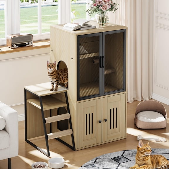 Huisuilinss Cat Litter Box Enclosure With Platform,Double Layer Hidden Litter Box Furniture With Doors,Indoor Cat House With Ladder,Litter Box Cabinet With Storage Space,Cat Washroom