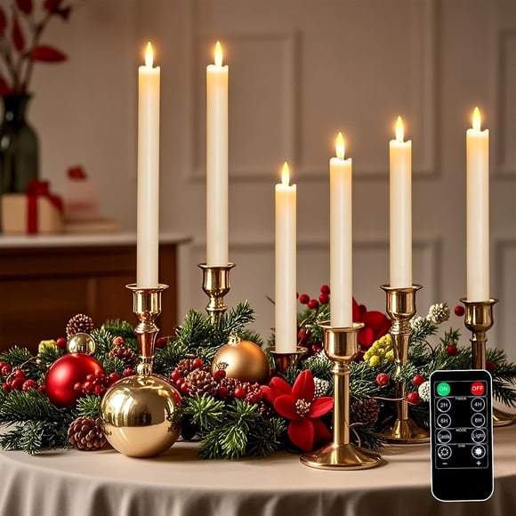 Battery Flameless Candles–Set of 6, Realistic Flickering LED Taper Candle Set,Remote & Timer, USB-Rechargeable, Ideal for Living Room, Bedroom & Holiday Décor