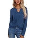 thumbnail image 1 of Camisa de manga larga para mujer, cuello redondo, escote en U, dobladillo anudado, color puro, top casual para fiesta, viaje diario, azul XL, 1 of 6