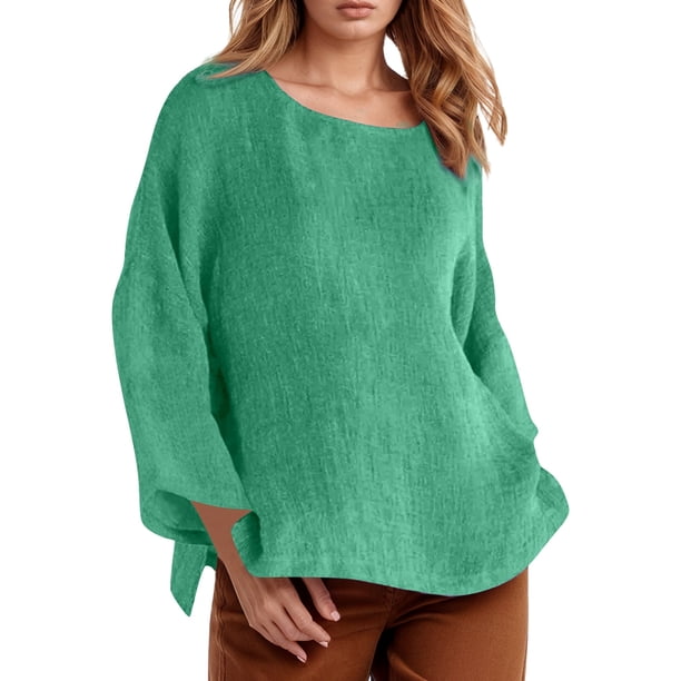 Camiseta de manga larga y cuello redondo de color liso para mujer: estilo informal y holgado, tejido de poliéster para los días más frescos.