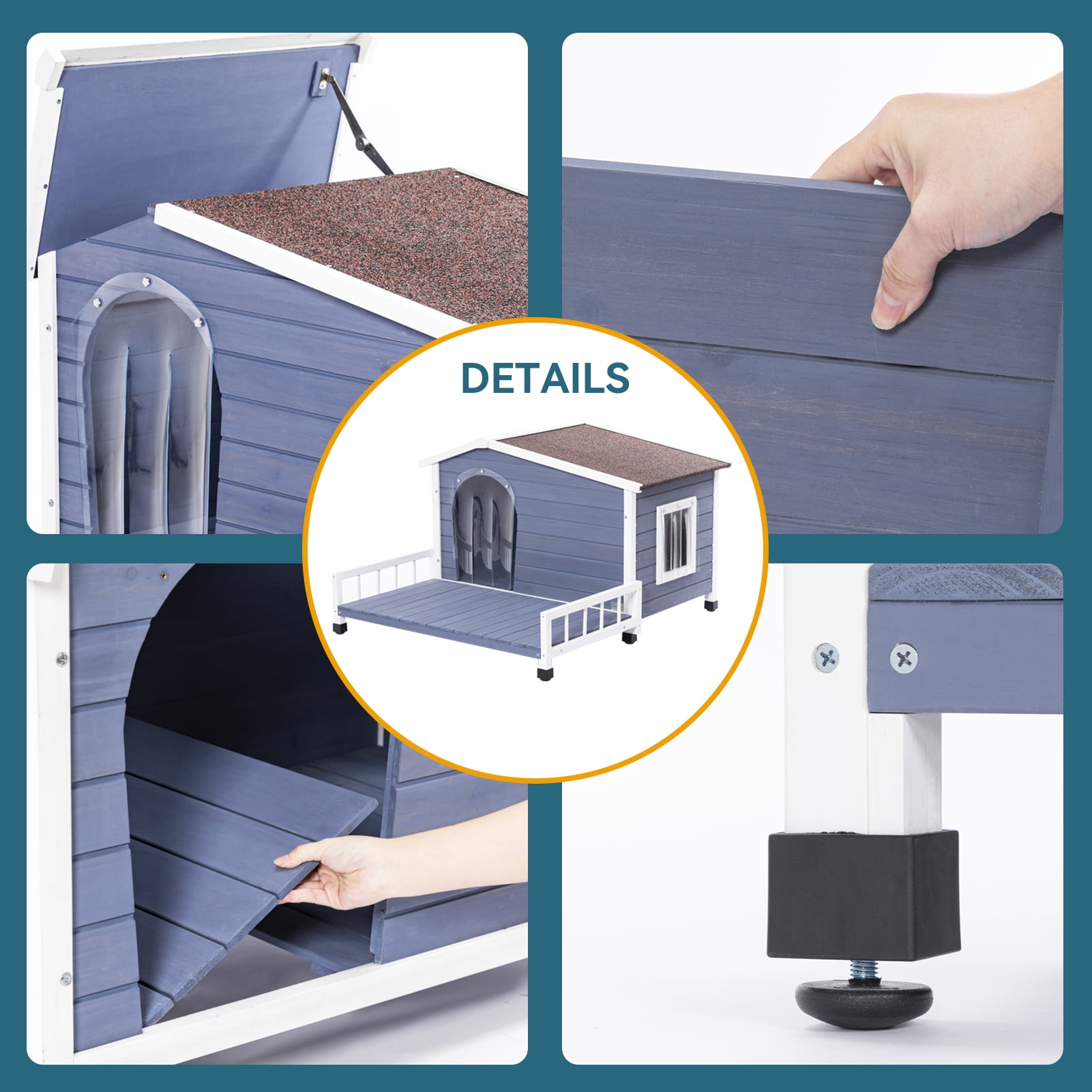 Noaman Large Wooden Dog House Indoor Outdoor with Terrace, Waterproof Asphalt Roof, Raised Floor & Windows, Grey, 45"L x 54"W x 33"H for Small & Medium Dogs