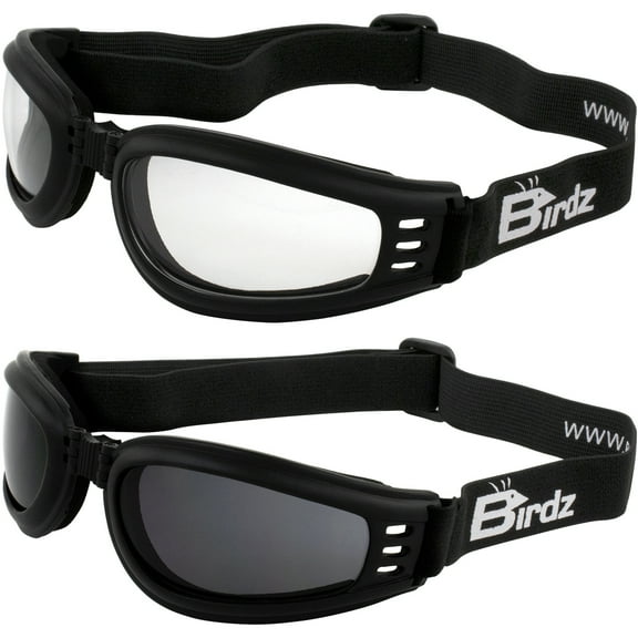 Birdz Eyewear Cardinal Women's Padded Floating Motorcycle Goggles 2 Pairs Black Frames with Clear & Smoke Lenses