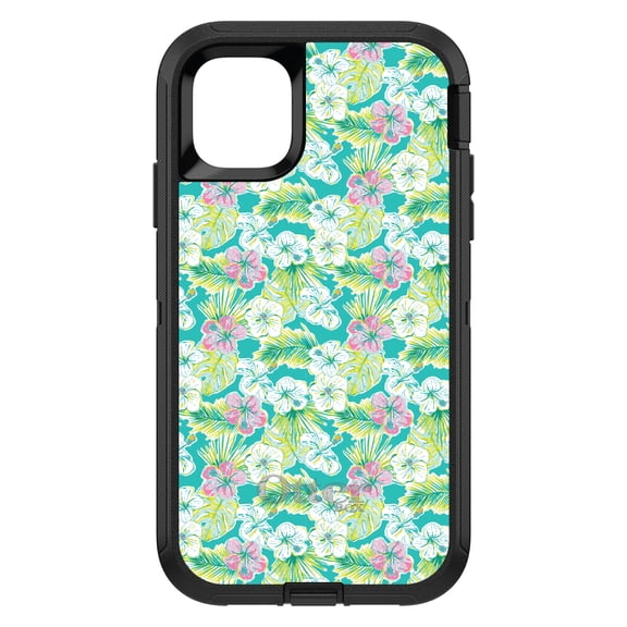 DistinctInk OtterBox Defender Custom Case for Apple iPhone 15 (6.1" Screen) - Green Pink White Flowers Floral - Slim Profile Design