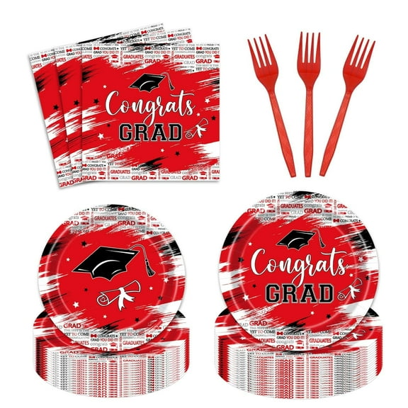 96 Pcs Graduation Party IFF17 Supplies Black and Red Congraduation Party Tableware Set Gongrats Grad Class of 2025 Graduation Party Decorations Plates Napkins Forks for 24 Guests