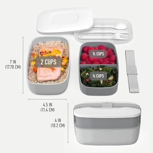 Classic - Adult Bento Box, Stackable 3-Compartment Lunch Box with Removable Utensil Set and Sealing Strap, BPA-Free, Food Container Ideal for Meal Prep, Work, and On the Go (Gray)