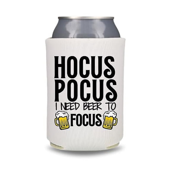 Funny Beer Can Cooler, Hocus Pocus I Need Beer To Focus Can Coolie, Funny Coolies Drink Accessory, Funny Party Gift Favors (White)