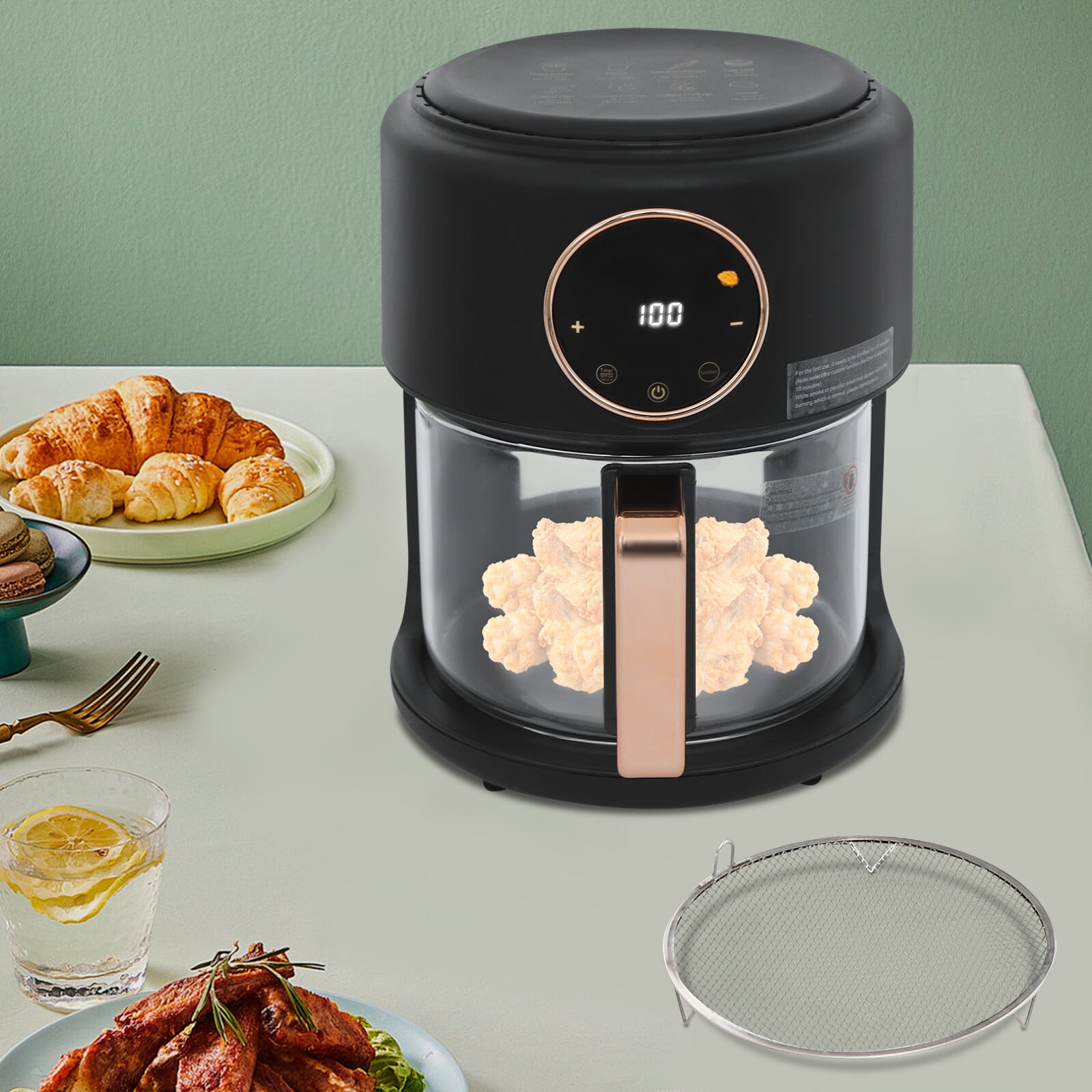 Glass Air Fryer, 4.2-1200w Powerful Air Fryer Roaster W/Grill, 360° Viewable & Touch Screen, 8 Preset Modes, Temp Range 176 ° F To 392 ° F For Home Kitchens, Restaurants (Black)