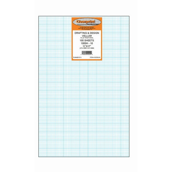 Clearprint 1000H 11" x 17" Design Vellum Sheets with 10x10 Fade-Out Grid, 16 lb., 100% Cotton, 100 Sheets/Pack
