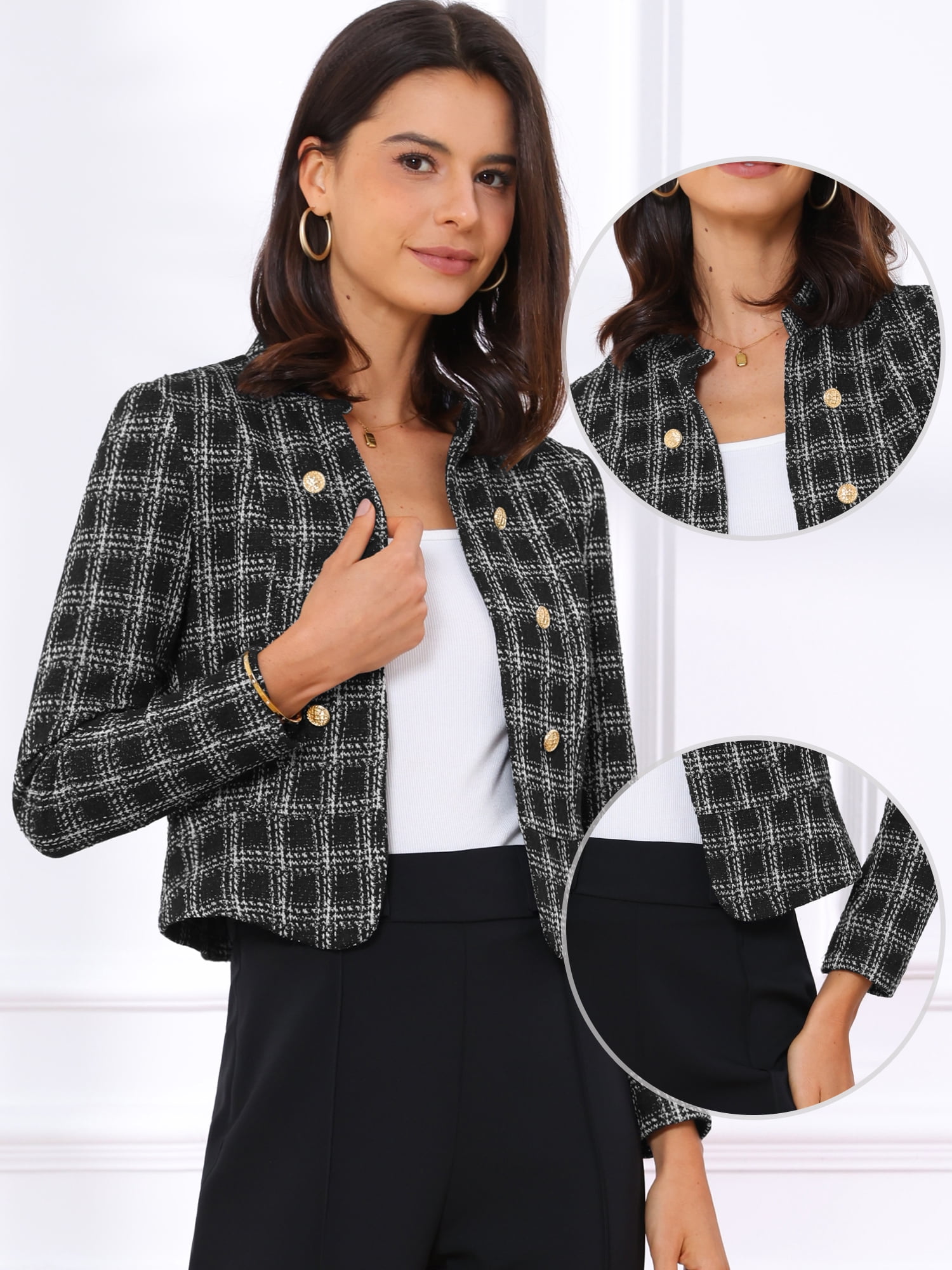DARING DIVA Women's Elegant Plaid Tweed Blazer Band Collar Jacket M Black White