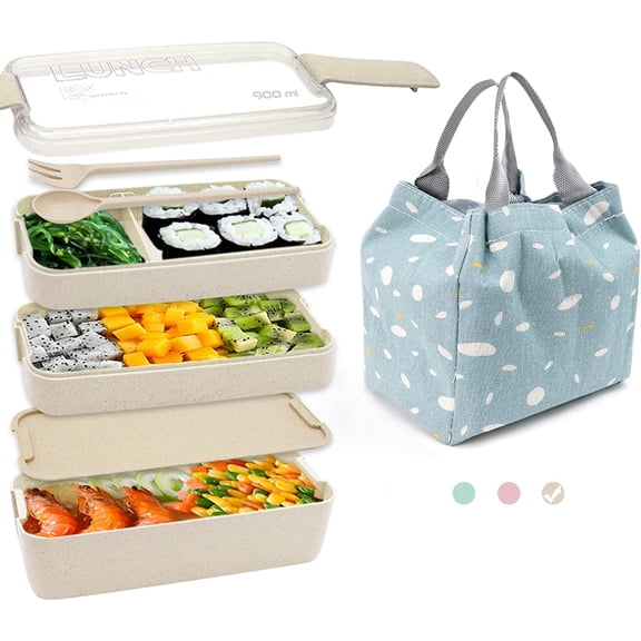 STONCEL Bento Box and Lunch Box, Come with Lunch Bag , Spoon and Fork, 3 Layer 900ml/32oz Bento Box Adult Lunch Box, Cute and Exquisite Japanese Snack Box for Adults (Beige)