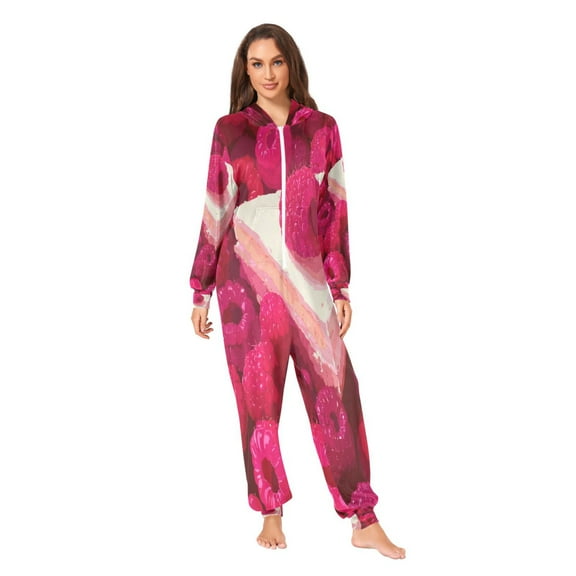 IAUYY Unisex Adult Onesie Pajamas Ultra-Soft Crystal-Soft Fabric, Halloween Adult Onesie Pajamas Adults,With a Zipper Plus Size Onesie Pajamas, Cake and Raspberries