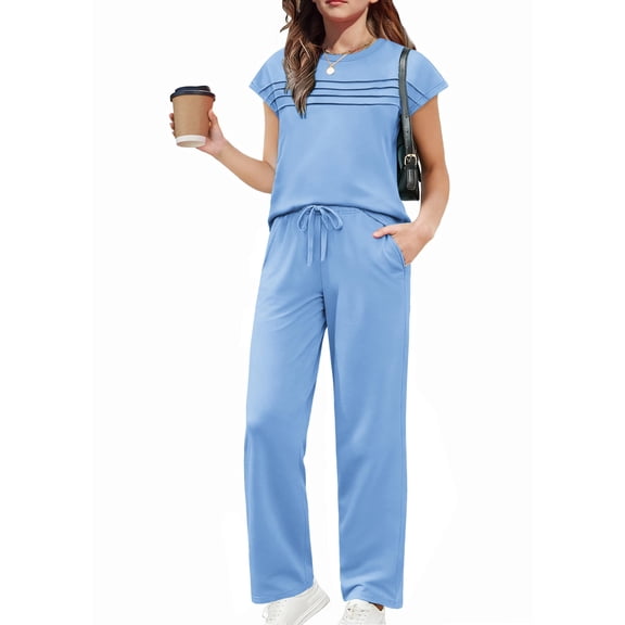 Arshiner Girls 2 Piece Outfits Summer Clothes Short Sleeve Crewneck Tops Wide Leg Pants Trendy Clothing Sets