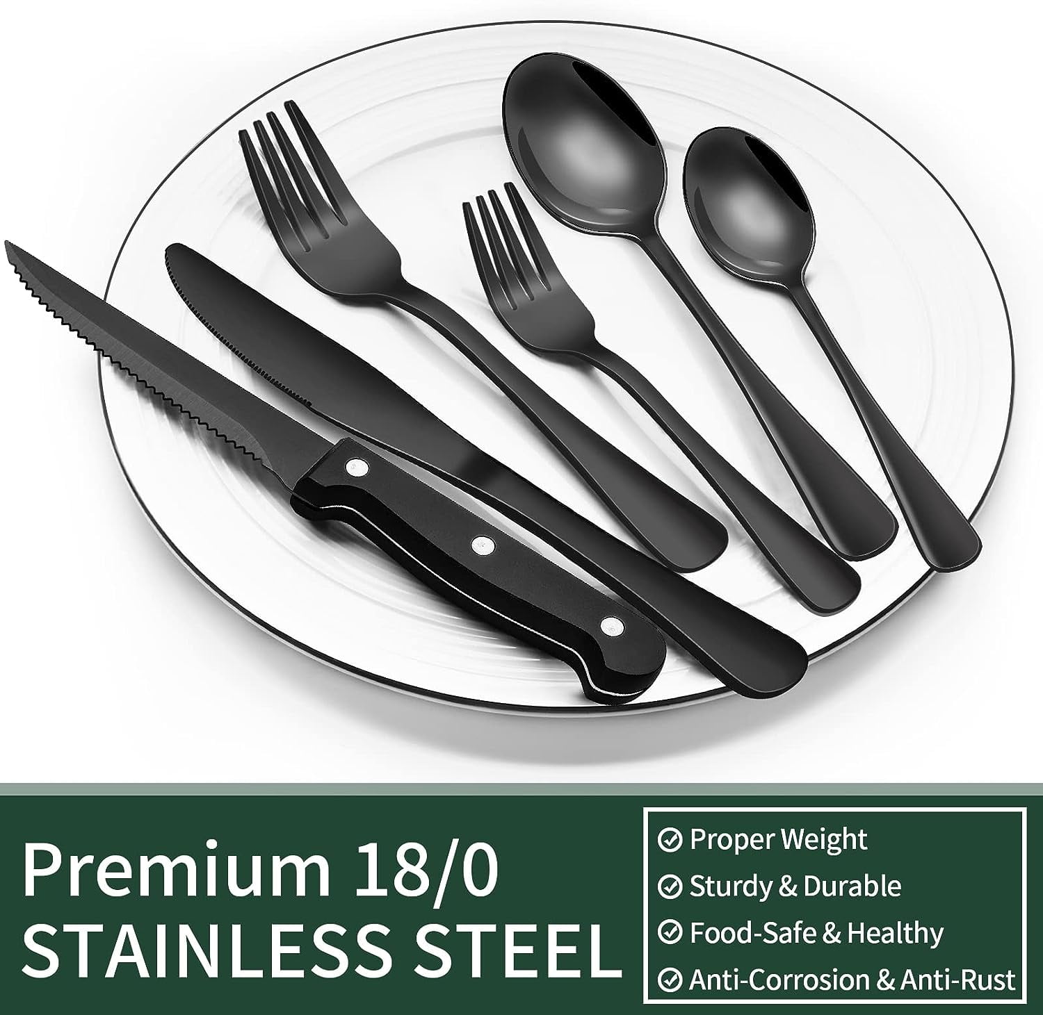 24-Pieces Black Silverware Set with Steak Knives, AOKIWO Black Flatware Set for 4, Food-Grade Stainless Steel Tableware Cutlery Set, Mirror Finished Utensil Sets for Kitchen Restaurant