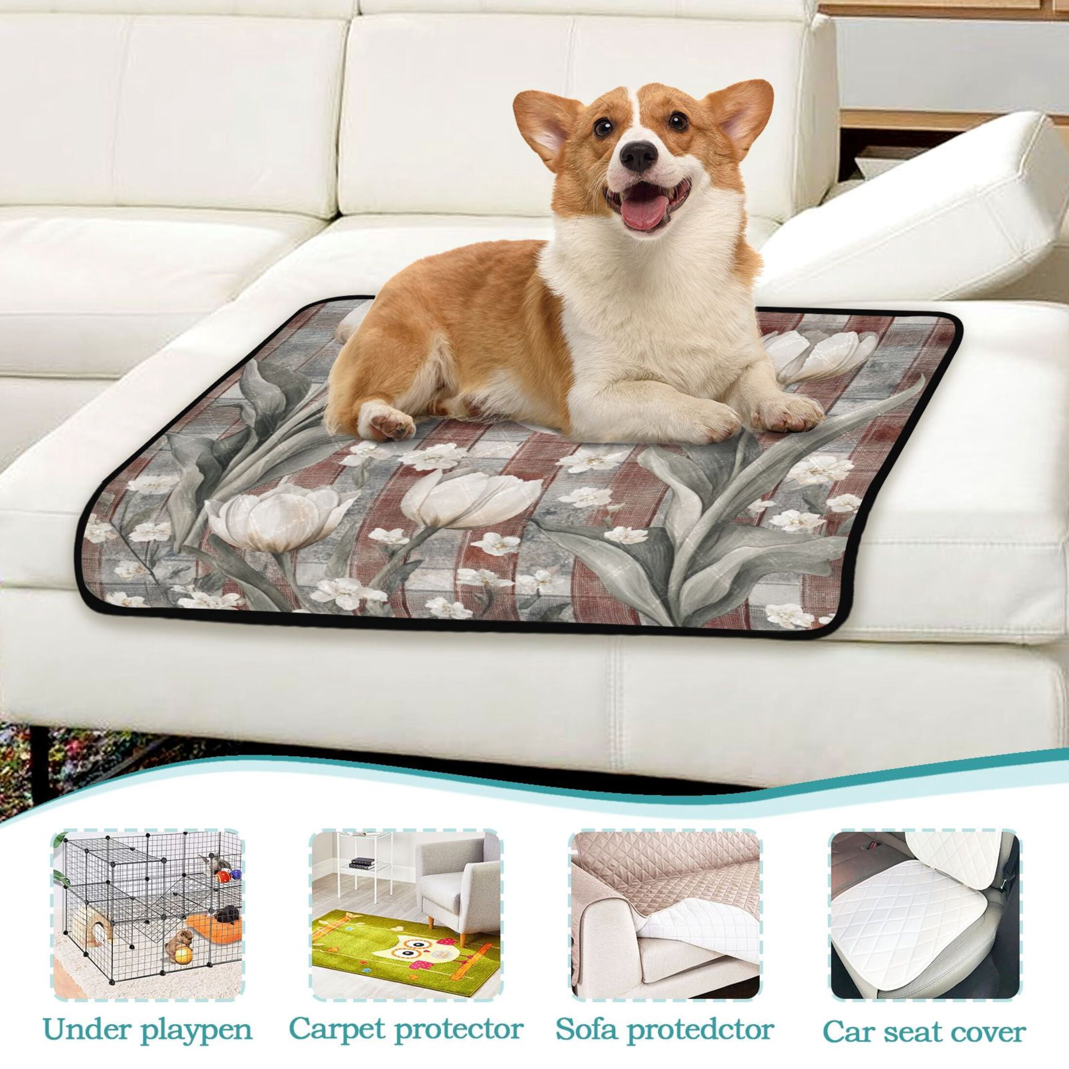 Qxltty White Tulip Flowers Cat litter Pads Pet Set of 3 Diaper Mats Center Anti-leakage Layer Absorbent Soft and Comfortable