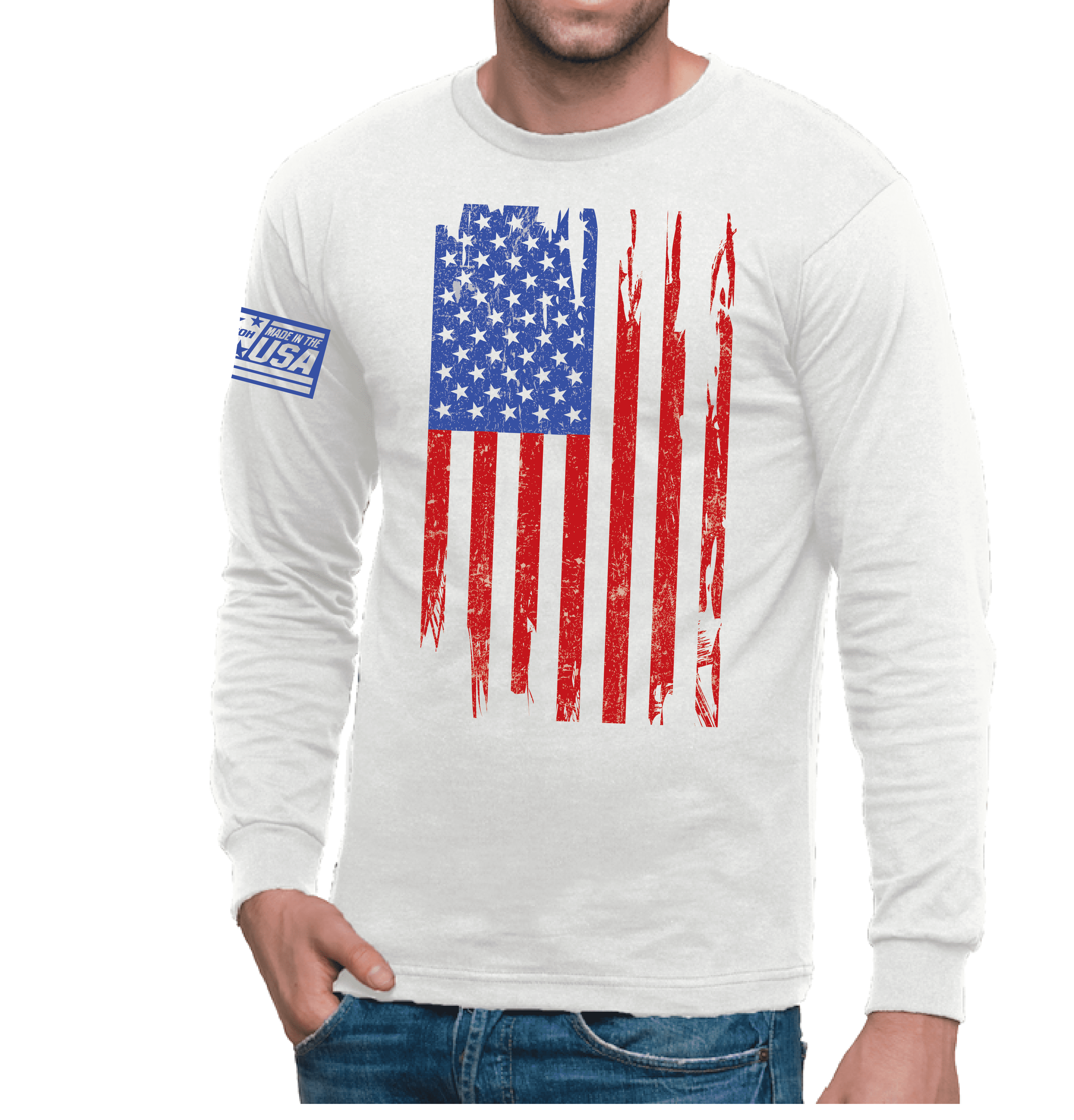 White Made in the USA Longsleeve TShirt with Distressed Flag Graphic