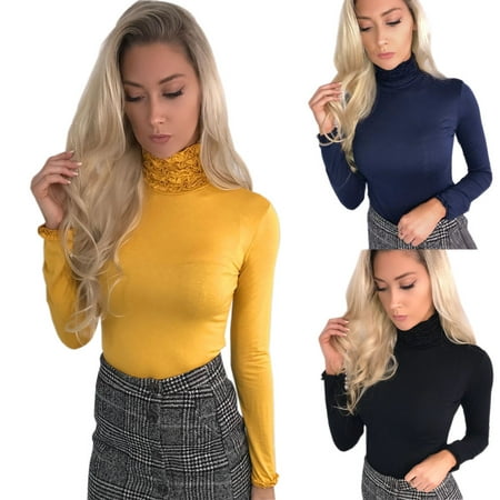 2018 Women T-Shirt Casual Long Sleeve Slim Soft Ruched Turtleneck Pullover T-Shirt Blouse Tops