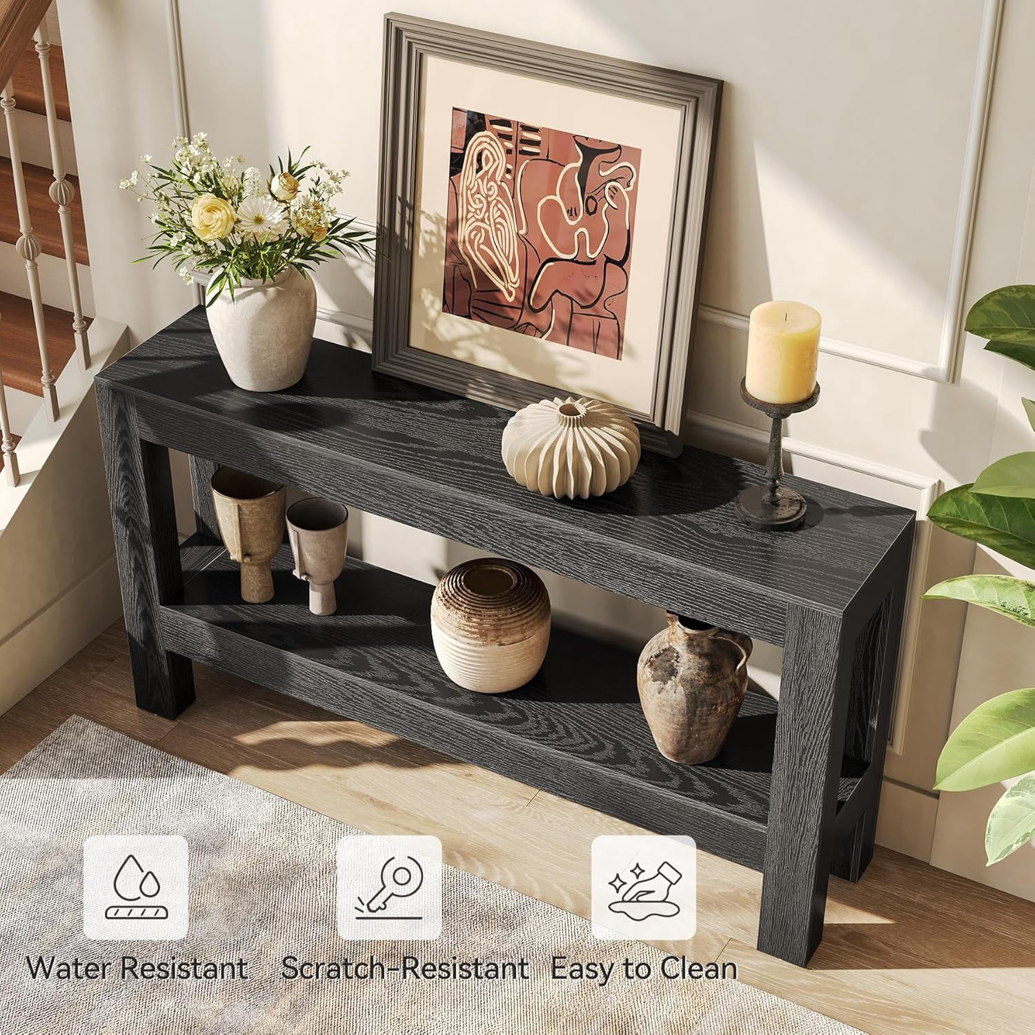 Fimind 63-Inch Black Console Table with 2-Tier Storage, Narrow Long Entryway Table for Living Room, Hallway, Sofa, Entrance, or Foyer