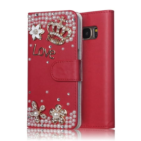 - Samsung Galaxy S8 Plus Wallet Case, MINI-FACTORY Bling Premium Flip PU Leather Glitter Rhinestone Crystal Diamond Crown Cover - Red