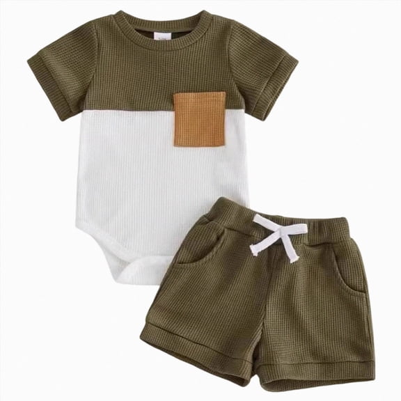 mgoYE Newborn Baby Boy Summer Outfit Set Contrast Color Romper Tops With Elastic Waist Shorts 0 3 6 12 18 Months Cute Infant Waffle Clothes Size 6-12 Months