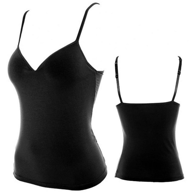 Spdoo Women's V-Neck Camisole, Spaghetti Strap Tank Tops with Built in  Shelf Bra, Black, XL