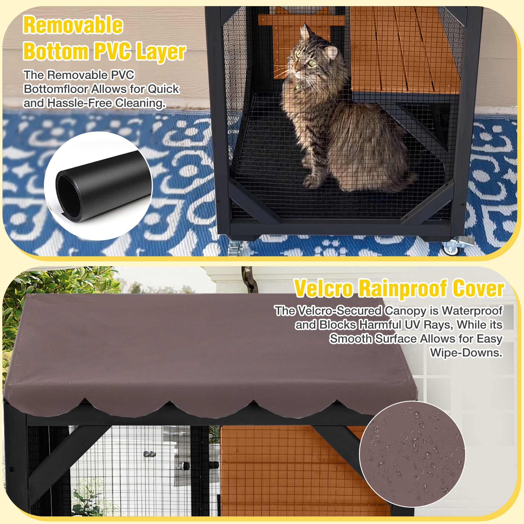 62.8" Catio Outdoor Cat Enclosure, Mobile Catio Enclosure Indoor On Wheels with Scratch Post, Hammock, Resting Box, Platform, Tarp Roof, Black