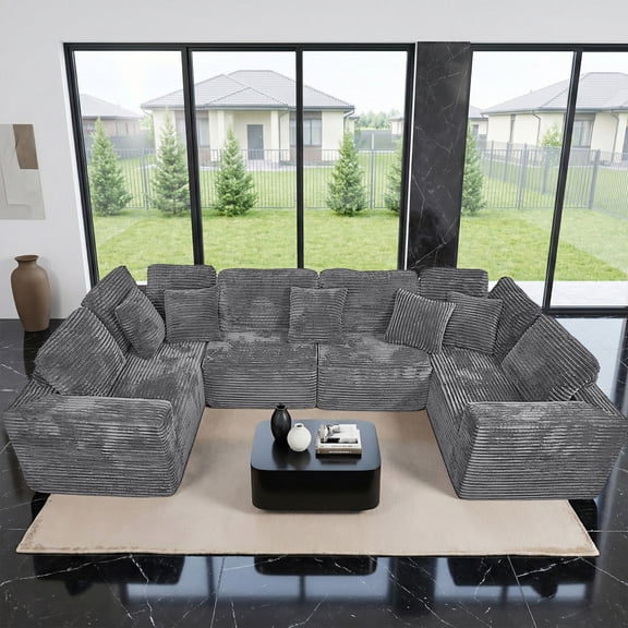 135.5" Modular Sectional Sofa, Gray U-Shaped Sofa 6-Seater Bonouch with Reversible Chaise, Corduroy Fabric Couch for Living Room & Bedroomeless Cloud C