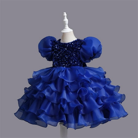 

nsendm Kids Toddler Baby Girls Spring Summer Print Ruffle Short Sleeve Princess Dress Headbands Floral Overall Dress Girls Dress Blue 2-3 Years
