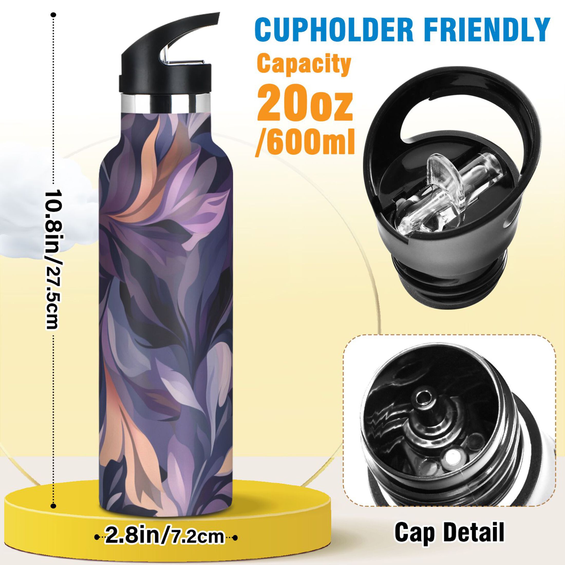 Kids Insulated Stainless Steel Sports Water Bottle 600ml (20oz) Purple Leaves