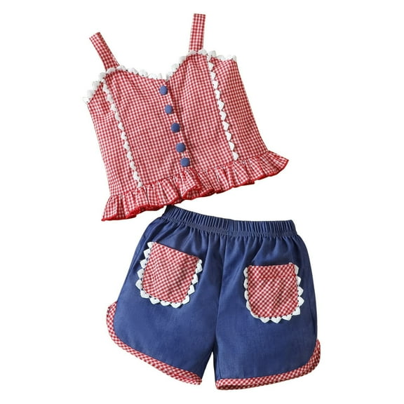 Mercatoo Girls' Summer Clothing Checkered Suspender Single Ruffle Tops and Shorts Baby Girl Daily Wear Outfit